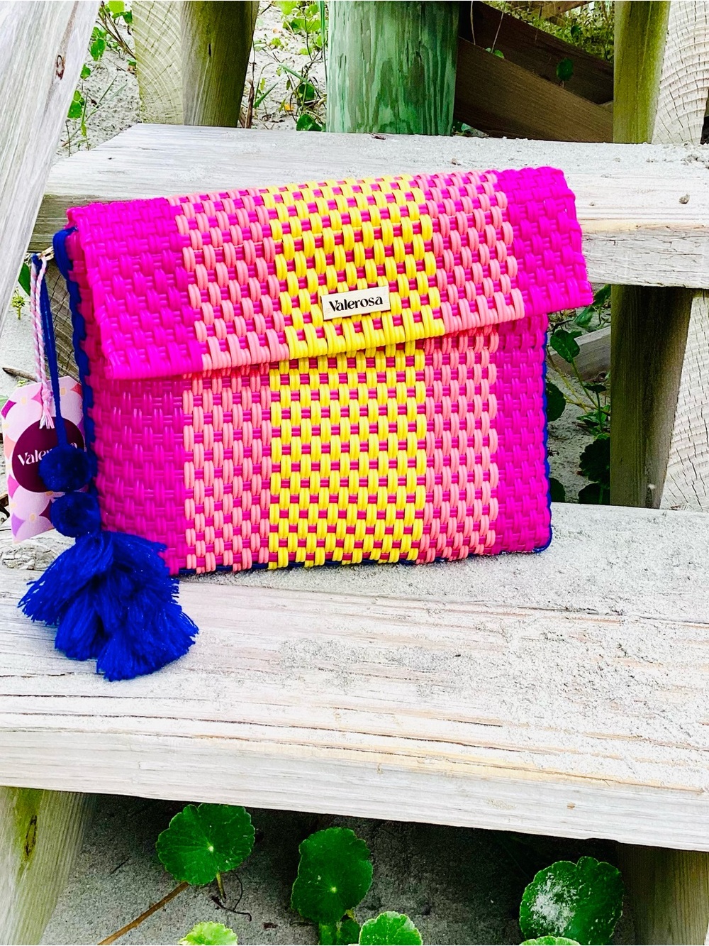 Valerosa Pink & Yellow Woven Clutch with Navy Tassel